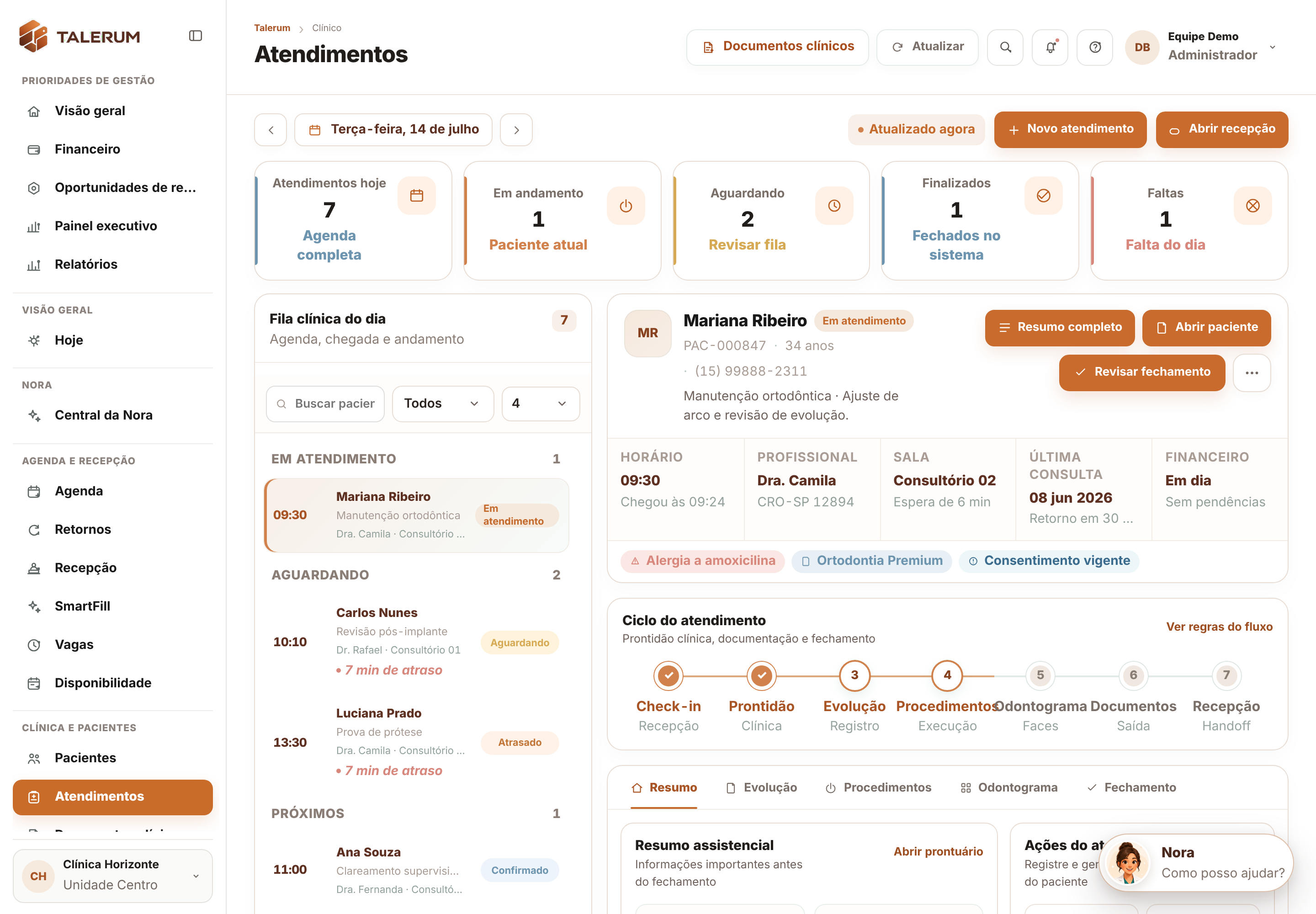 Tela de atendimentos da Talerum com fila de pacientes e ações do atendimento, com dados de demonstração.